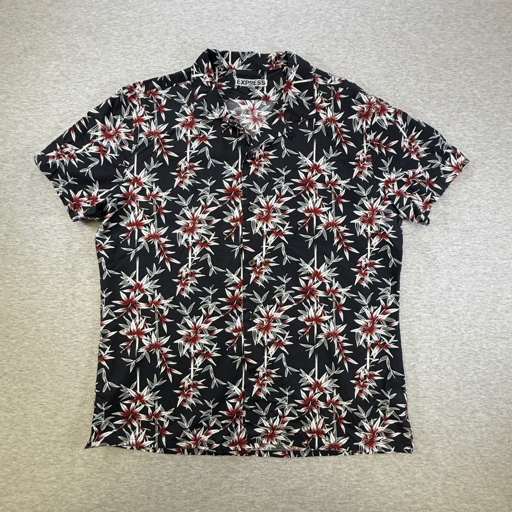 Express Mens Large Black Floral Bamboo Print Short Sleeve Button Down Shirt
